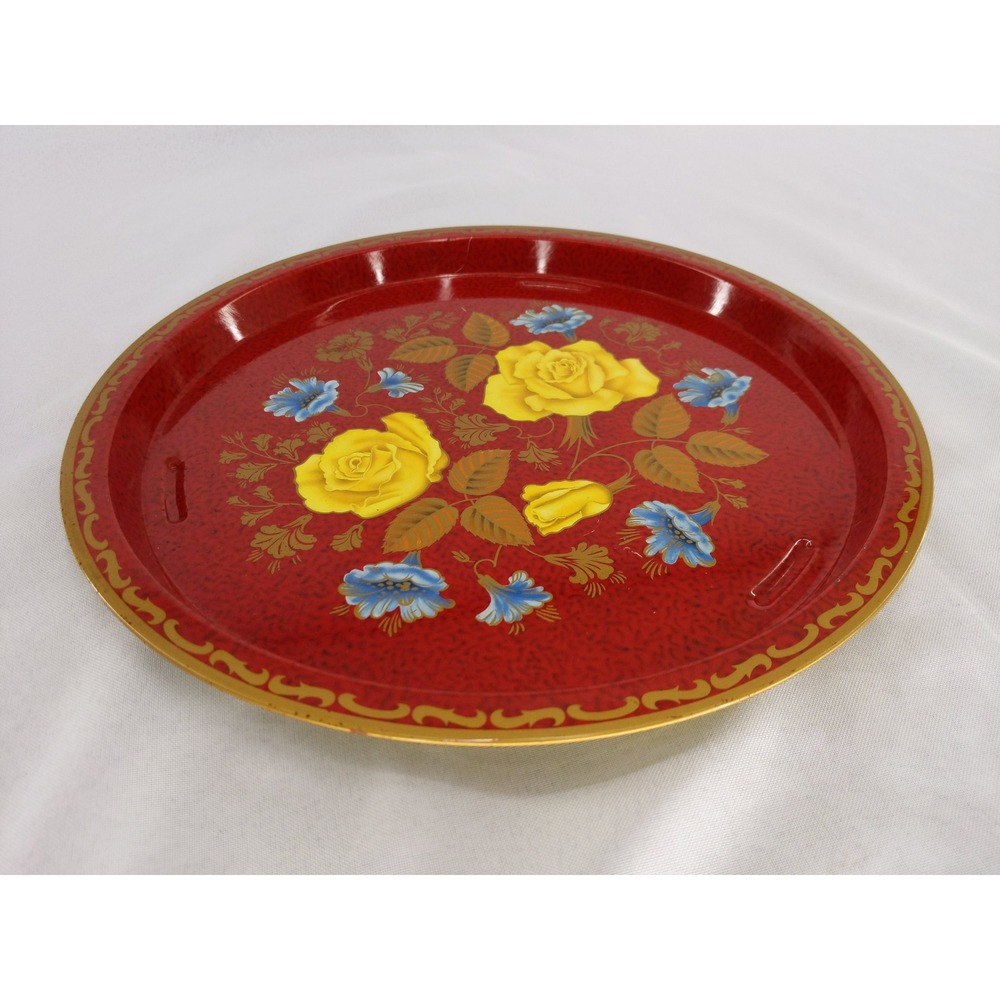 Vintage MTM England Metal Floral‎ Tea Serving Tray Red Yellow Roses 12.5"
